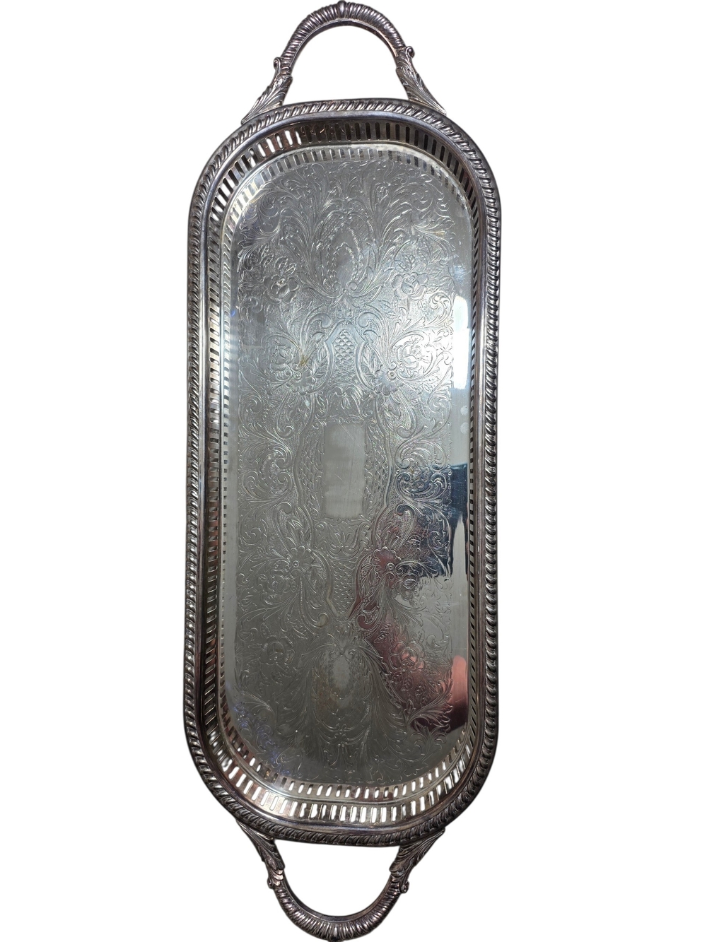 English Silver Silverplate Decorative Serving Tray with Handles